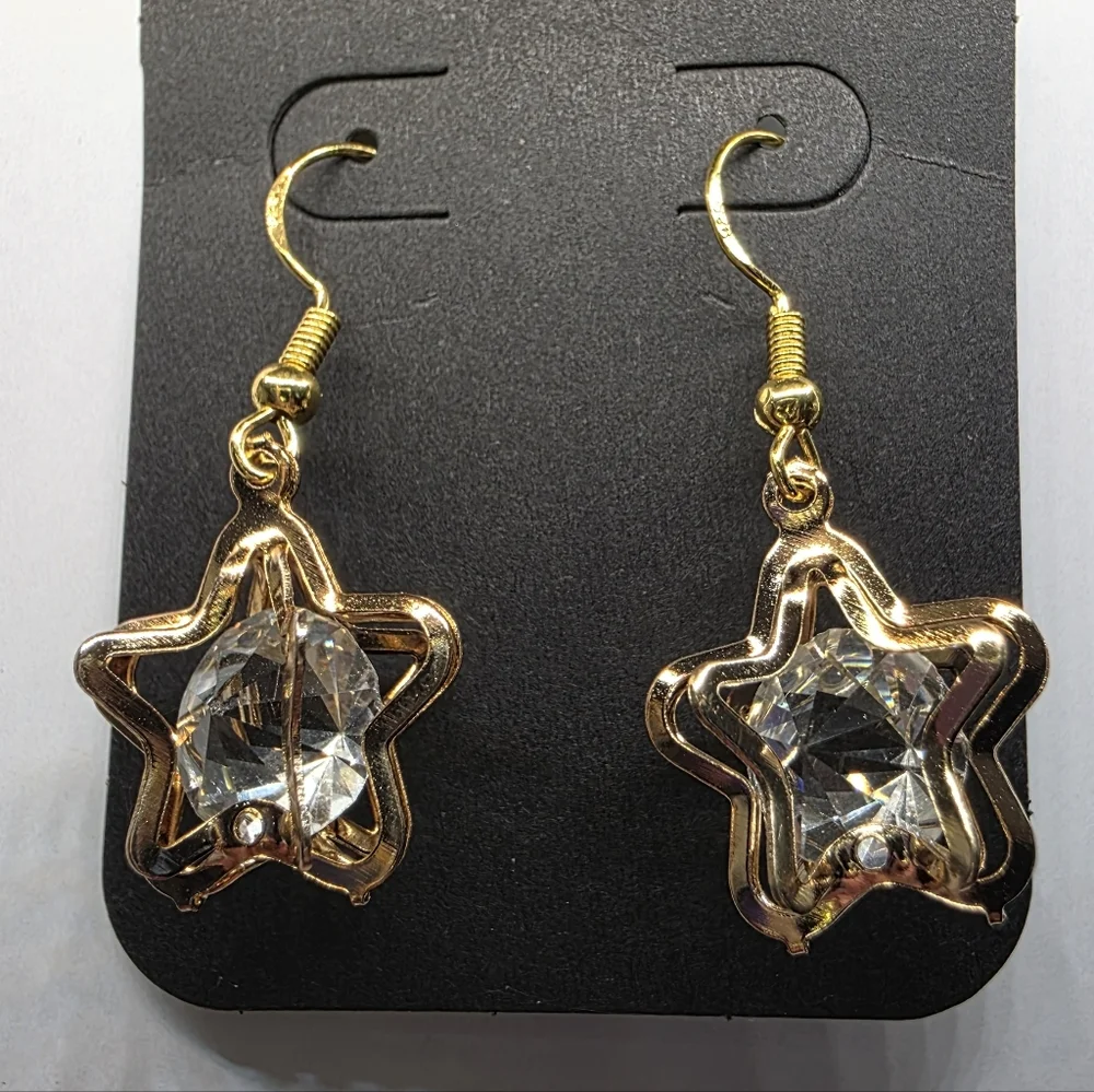 Clear‎ Rhinestone in Gold Star Cage Earrings Handmade Hypoallergenic